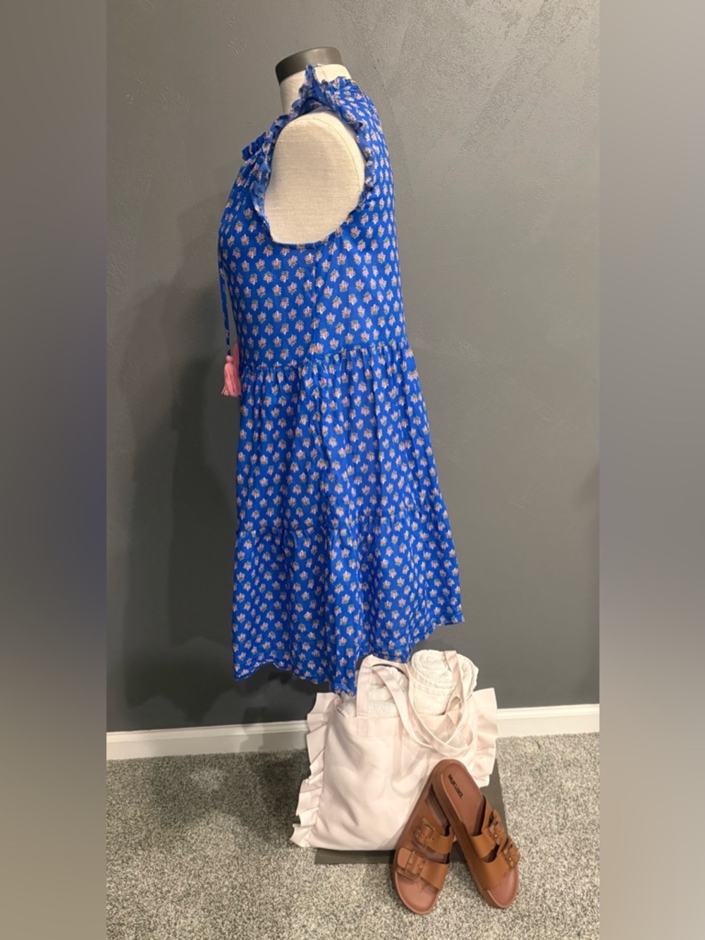 J. Crew Blue Floral Tiered Dress with Pink Tassels - Picture 2 of 4